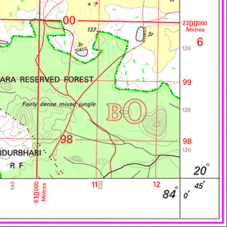 Indian Grid System - Grid Letters marked in corner and full grid values on margin of a sample 1:50,000 map