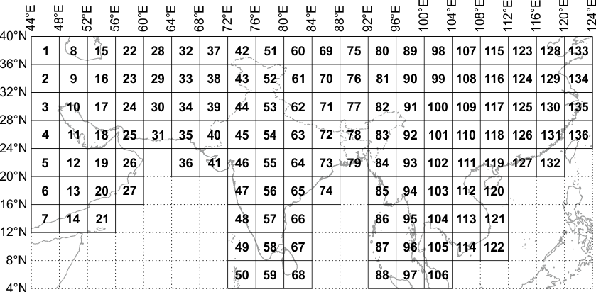 India and Adjacent Countries (IAC) map numbering 4°×4° index